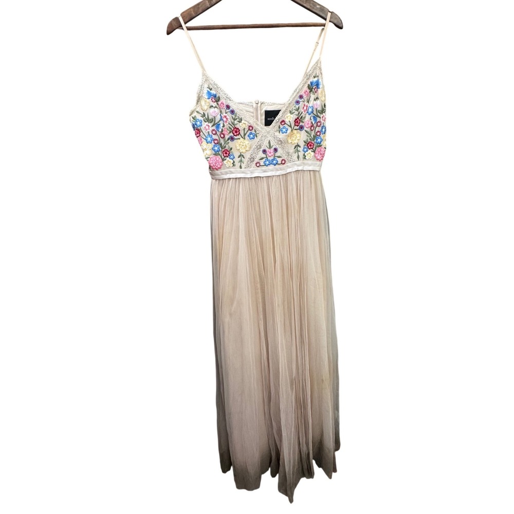 Needle & Thread Maxi Dress Womens 8 Champagne Fair Floral Embroidered Tulle Gown